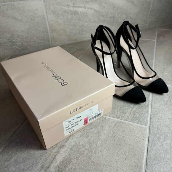 BCBG Cynthia Heel Transparent Clear Black Suede Strap Pointed Toe Pumps 10 - Picture 2 of 10